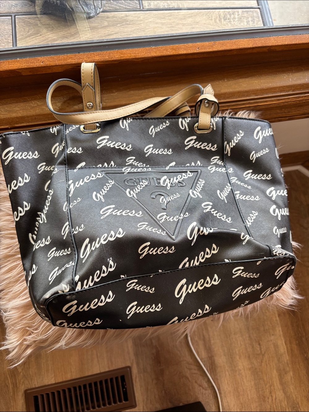 GUESS Black Logo-Print Tote with Tan Handles